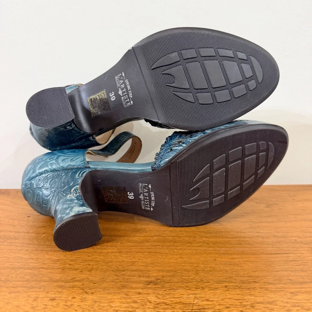 Spring Step LArtiste Visionary-Blu Teal Leather Floral Cutout Mary Jane Heels 39